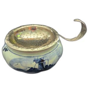 Vintage Delft Blue & White Hand-Painted Porcelain Bowl with Silver Tea Strainer